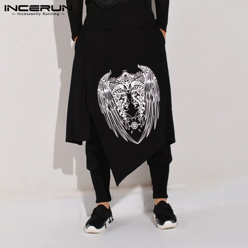 

INCERUN Fashion Men Harem Pants Print Joggers Elastic Waist Punk Irregular Trousers Streetwear Men Skirts Pants Harajuku S- 7 200925, Black
