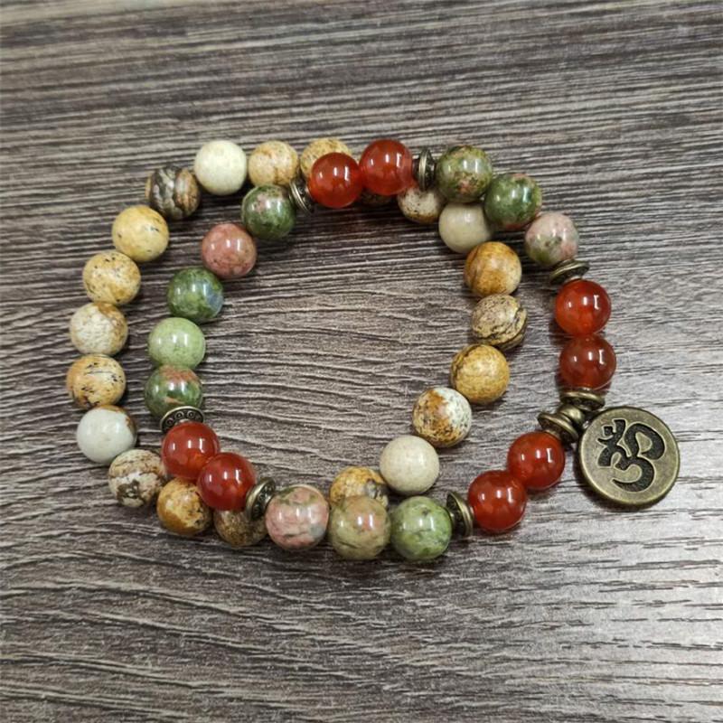 

Charm Stone Wrist Mala Healing Crystal J-asper Lotus OM Bracelet For Men Women Medetation Yoga Bead Carnelian Bracelet 2pc/Sets