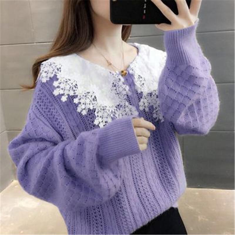 

Women's Sweaters 2022 Autumn Sweater Female Korean Version Loose Winter Outer Wear Lace Turn Down Collar Knit Pullover Top ZY5318, White;black