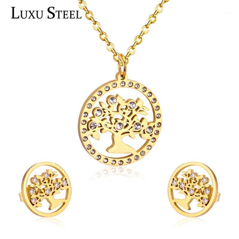 

LUXUSTEEL cubic zirconia jewelry set Classic Jewelry Gold Color Tree Pendant Necklace Earrings Christmas Party Girl1, As pic