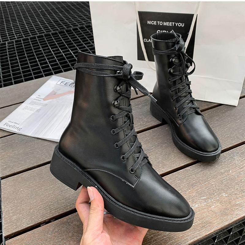 

winter new design student black boots creepers chunky heels mid-calf motorcycle booties cross lace-up solid knight botas female