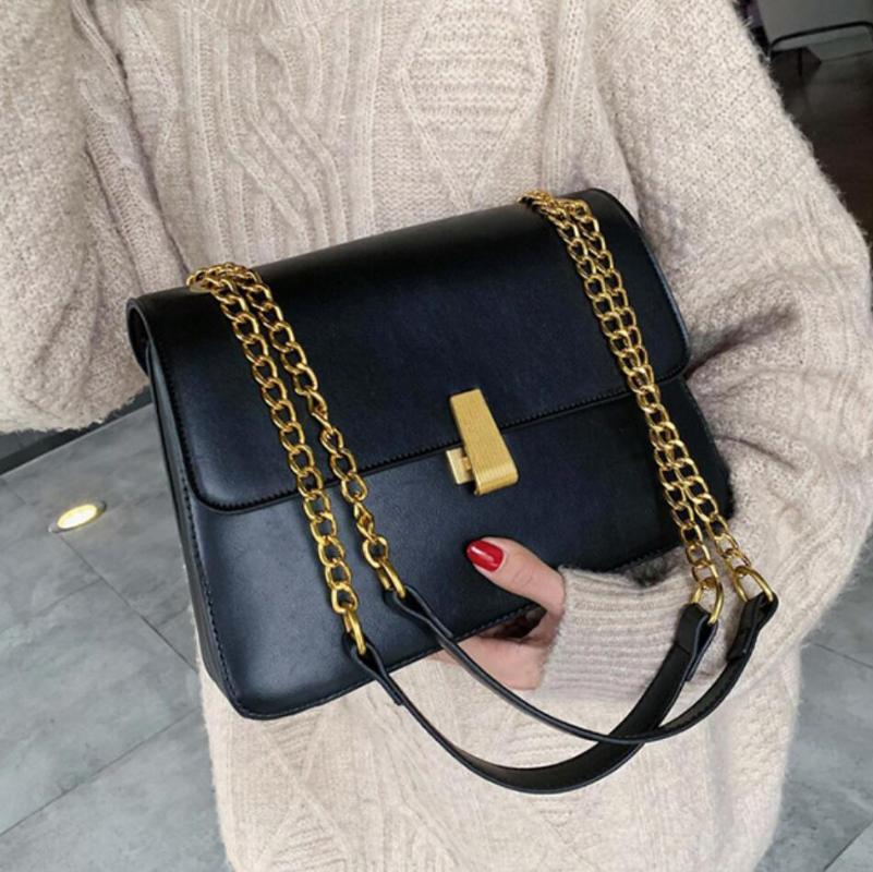 

Vintage Fashion Female Large Tote bag 2021 New Quality PU Leather Women's Designer Handbag Lock Chain Shoulder Messenger Bags, Black
