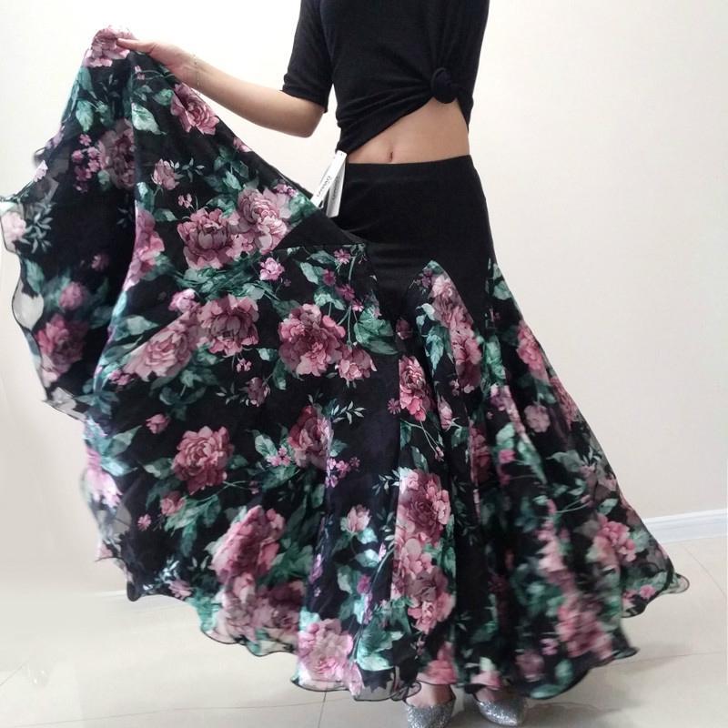 

2020 New Standard Flower Printing Ballroom Dance Skirt Waltz Dancing Wear For Women Plus Size Long Skirts Customize Size DL5267, As picture