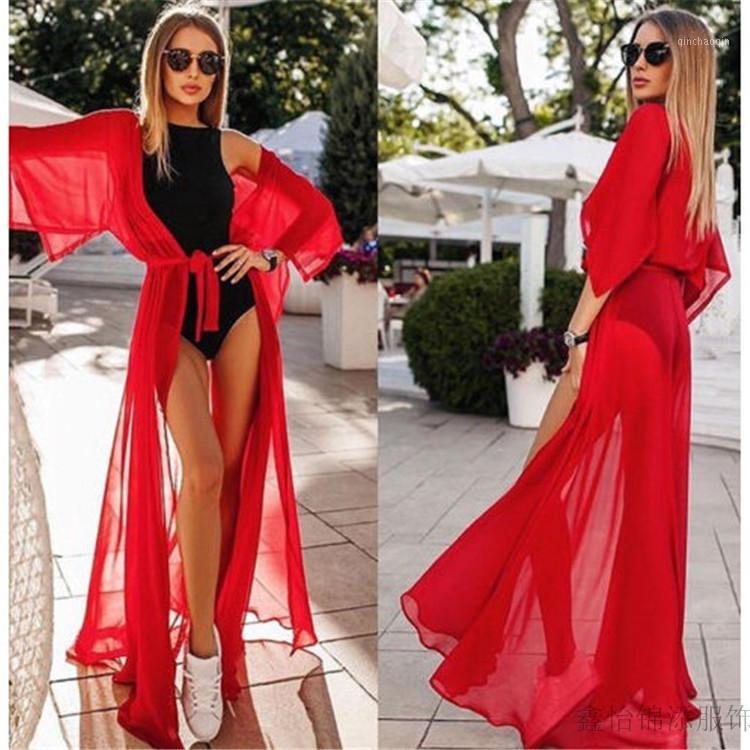 

Summer Women Swimsuit Bikini Cover Up Sexy Beach Cover Ups Chiffon Long Dress Elegant Solid Beach Bathing Red Black White M0371