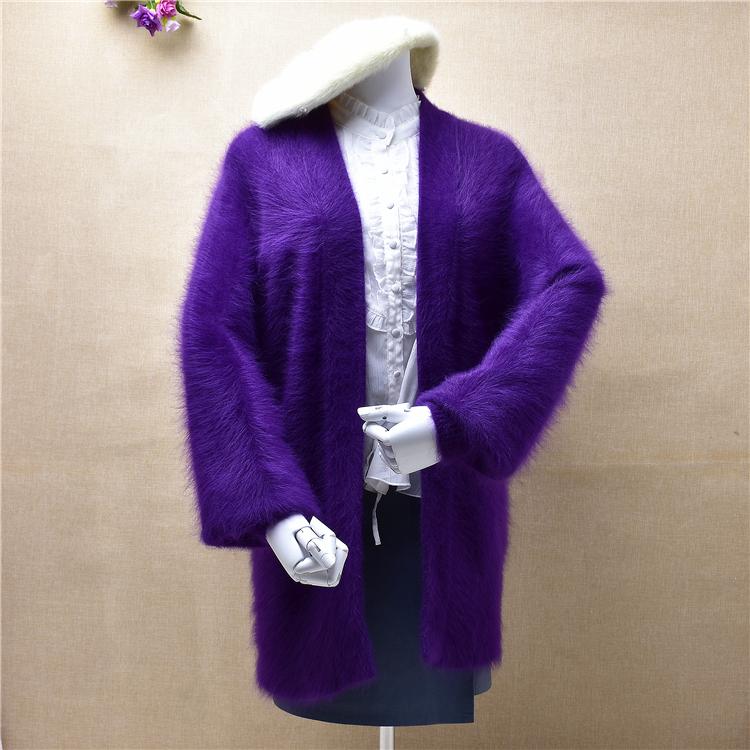 

780g female women hairy purple winter thick warm mink cashmere long lantern sleeves loose cardigan angora fur jacket coat, Body75cm chest90cm