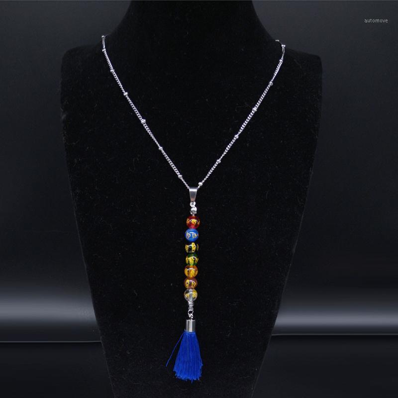 

2020 Sculpture Stainless Steel Colored Glass Long Tassel Chain Necklace Women 7 Color Necklace Chain Jewelry gargantilla N202911