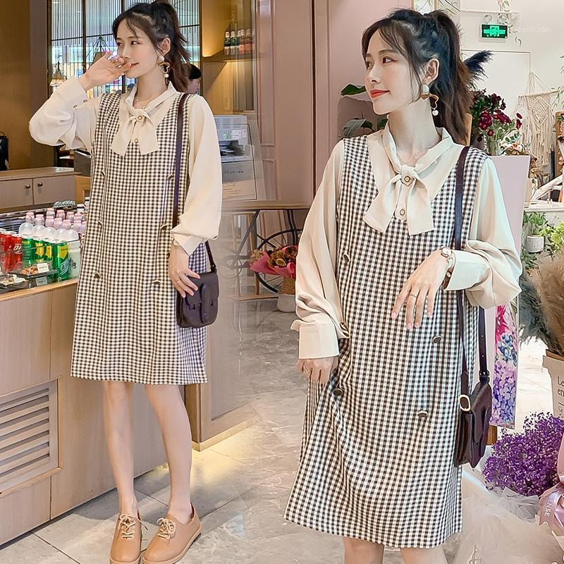 

8108# 2020 Autumn Korean Fashion Maternity Dress Elegant Sweet Plaid Vest + Blouses Sets Clothes for Pregnant Women Pregnancy1, Khaki