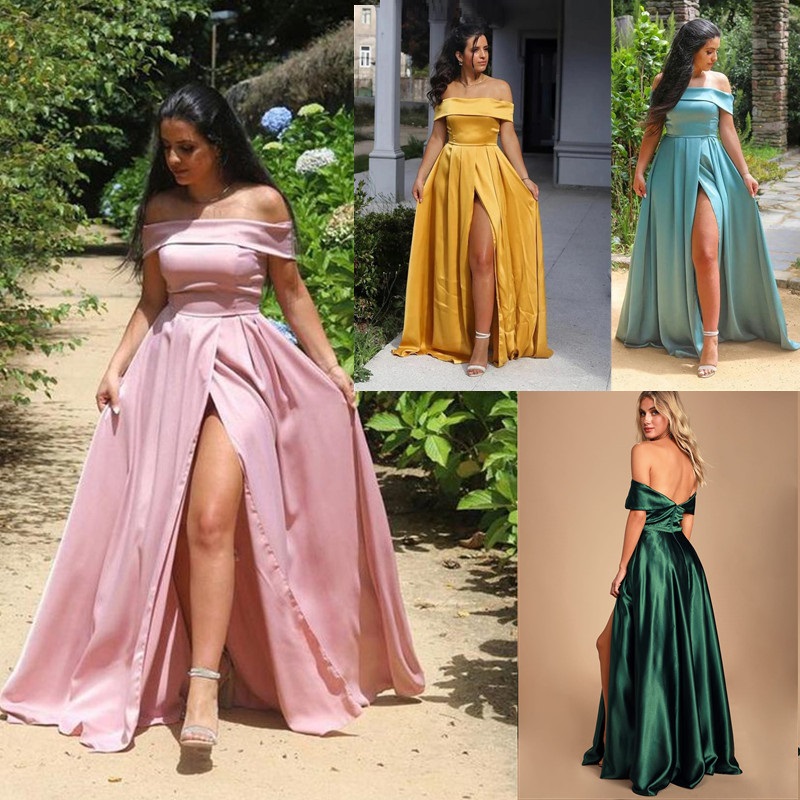 Sexy rose sans bretelles une ligne longue robe de bal avec épaule manches courtes satin côté fendu longueur de plancher robes de soirée modestes