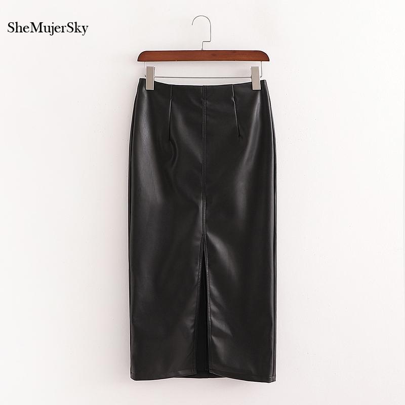 

SheMujerSky Black Leather Skirts Women Slim Midi Skirt 2020 High Waist Split Skirt saia midi cintura alta