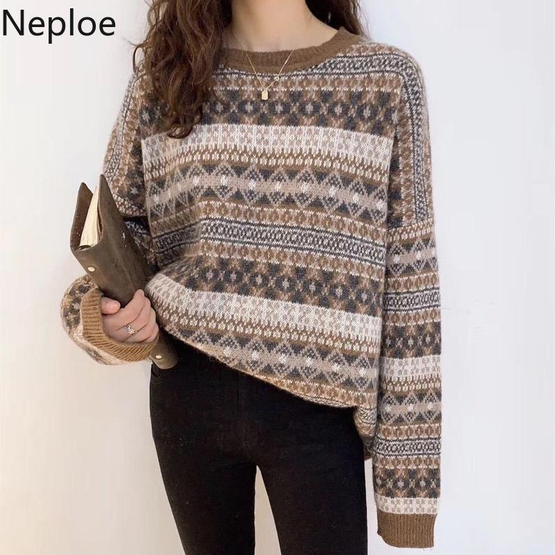 

Neploe Vintage Striped Pullovers Knitted Sweaters Women Jacquard O-neck Jupmer Oversized Loose Long Sleeve Warm Tops Outwear, Blue