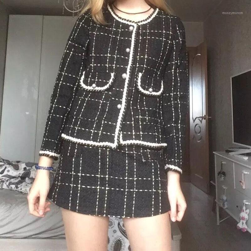 

O Neck Woolen Blends Tweed Jacket Coat+Short Pencil Skirts Female 2020 Vintage Autumn 2 Piece Skirt Set Korean Plaid Jacket1, Black set