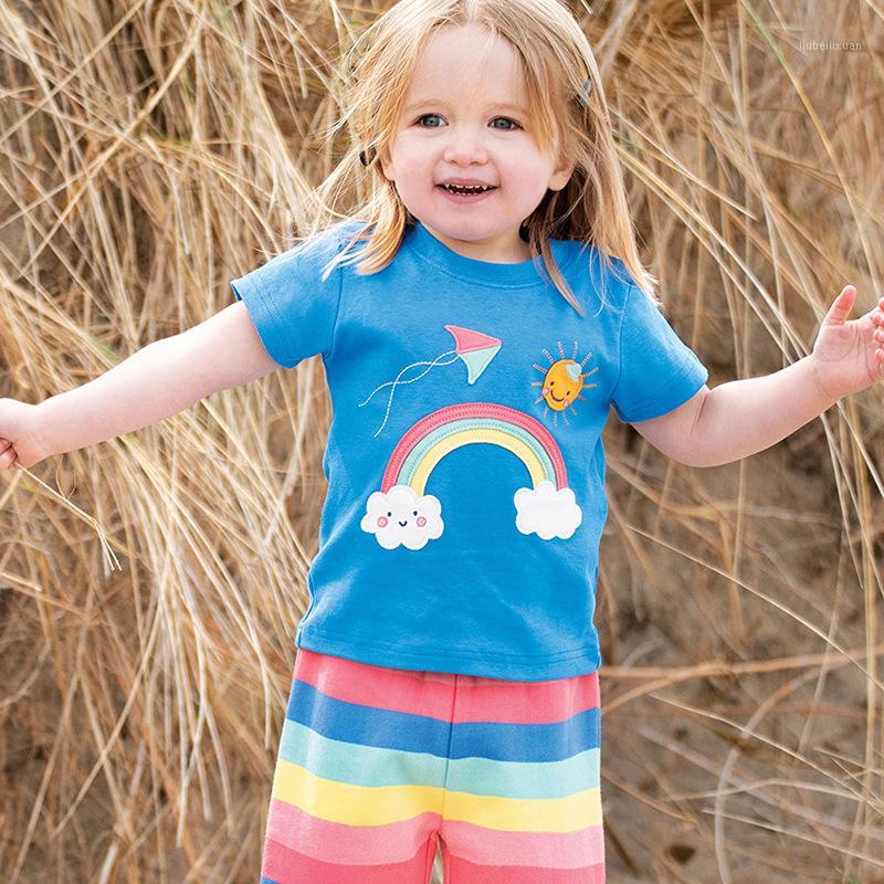 

Little maven brand children 2020 summer baby boys girls clothes cotton children's sets rainbow applique t shirt + striped shorts1, As pic