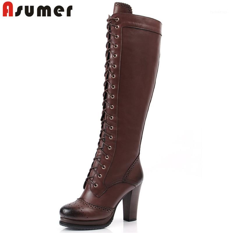 

ASUMER 2020 European Style knee high boots women round toe genuine leather shoes cross tied high heel platform boots woman1, Black