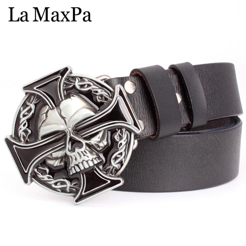 

Belts Man Skull Belt Punk Style Men Buckle Silver Cross Skeleton Pattern Men's Genuine Leather Gift For, Black
