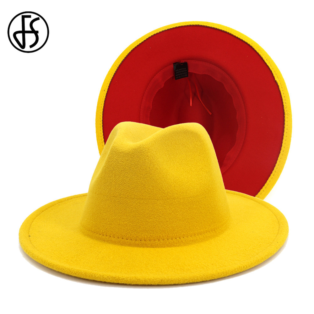 

FS New Yellow Red Patchwork Wool Felt Jazz Fedora Hats Men Women Wide Brim Panama Cowboy Trilby Hat Party Elegant Cap 201028