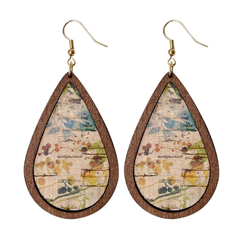 

Wood Base Real Cork Teardrop Earrings for Women 2021 New Designer Leopard Print Cork Earrings Glitter Leather Water Drop Earring