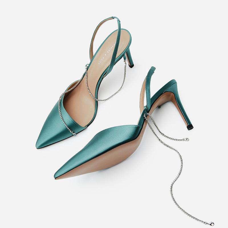 

2021 Summer New Chain Pointed Toe High Heels Hollow Back Strappy Sexy Crystal Women's Shoes, Black