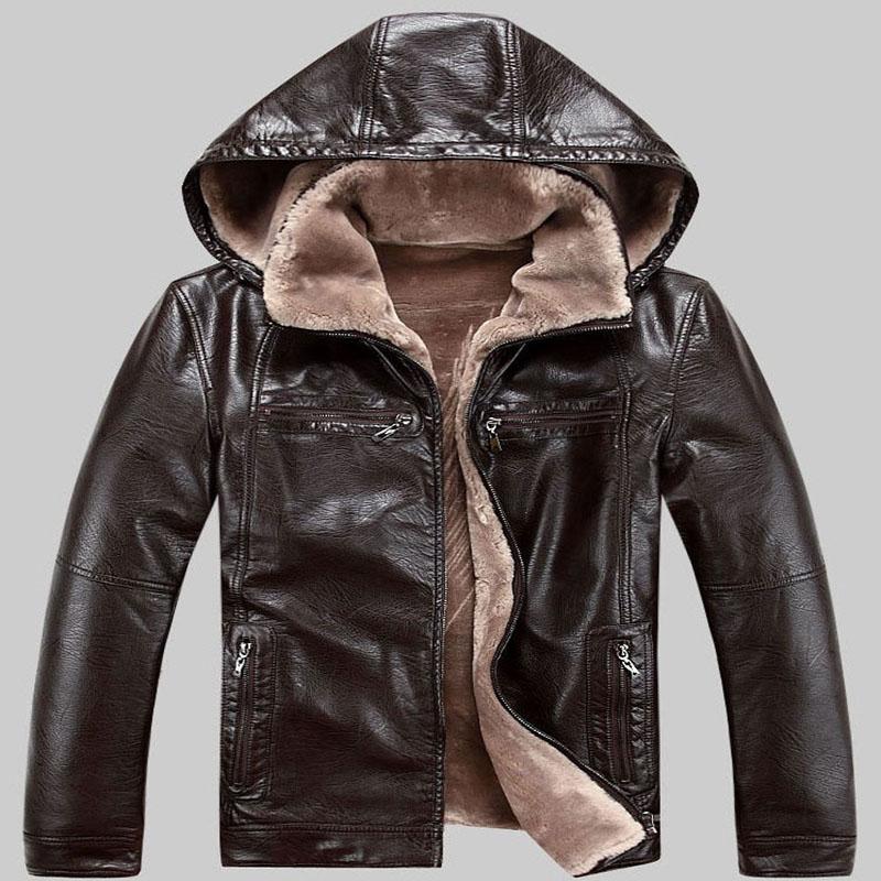

Russia Winter Leather Jacket Men Thick Faux Fur Coat Casual Hooded Motorcycle Leather Jacket Male Flocking Warm Overcoat, Black