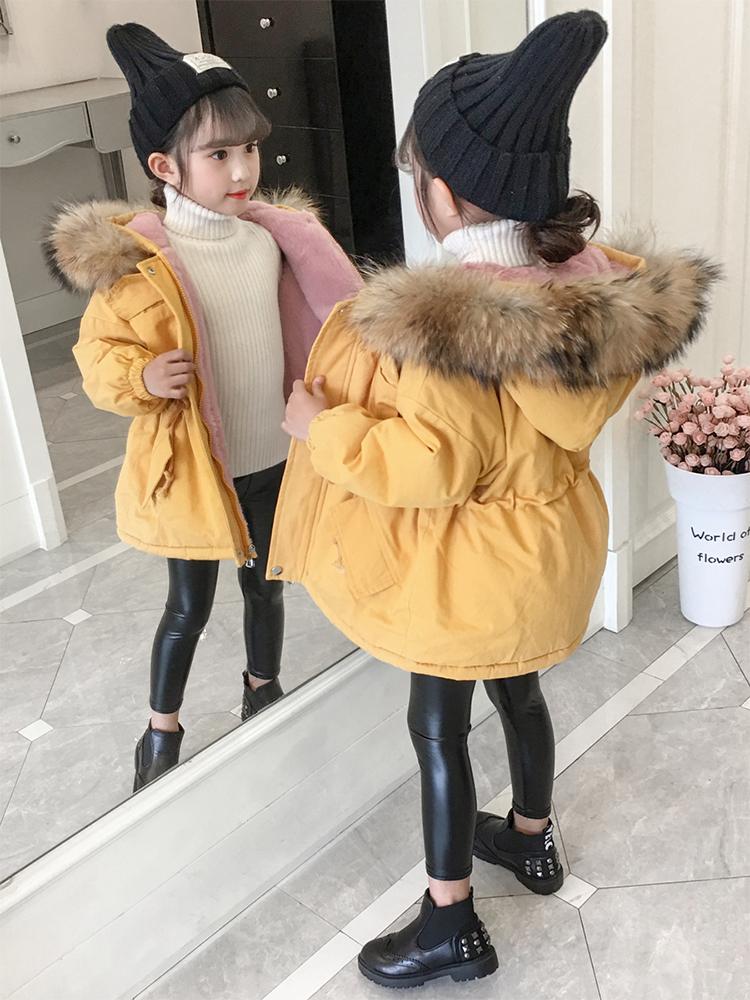 

Korean Stylish Girls Parkas Velvet Thick Children Winter Coat Outwear Jackets Drawstring Hooded Warm Kids Snowsuit 2-10 Years, Beige