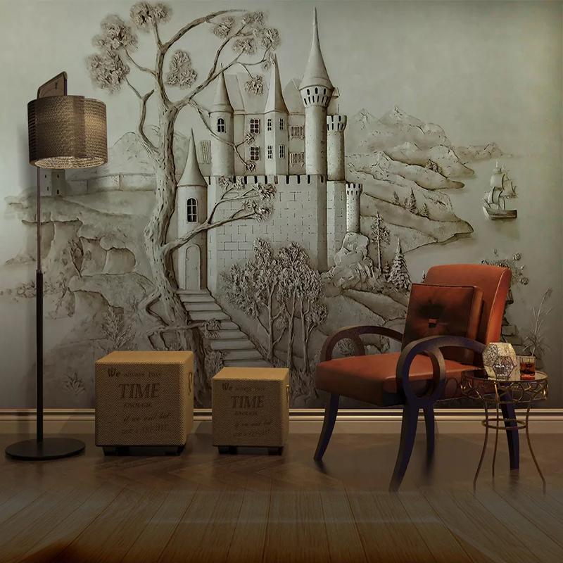 

Custom Mural Wallpaper European Style Architecture 3D Embossed Golden Castle Wall Painting Bedroom Living Room Wall Decor Paper, As pic