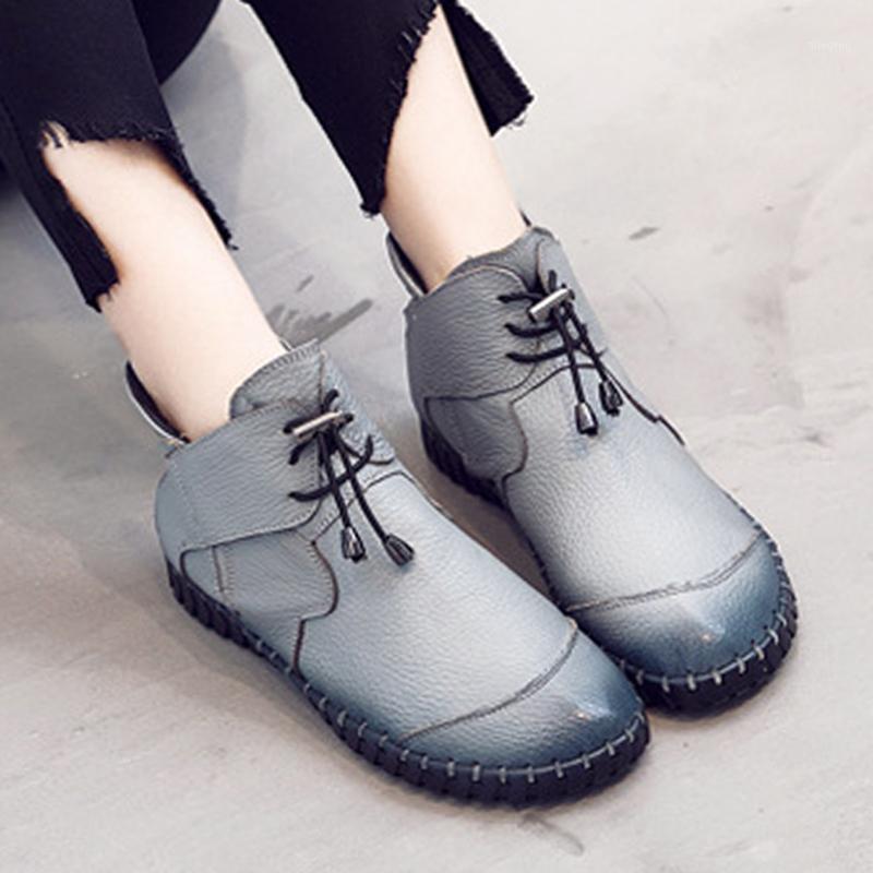

winter boots women Ankle Boots Soft Genuine Leather flat Heel Booties women shoes Lace Leisure Warm Lazy Furs sy4531, Gray sinlge