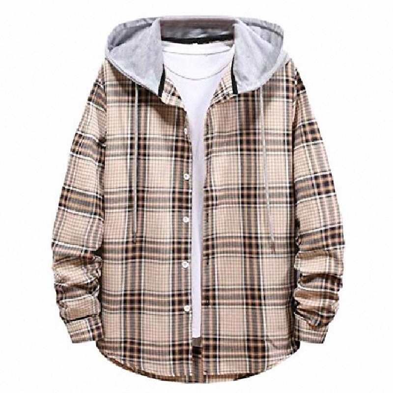 Bouton de cordon décontracté décontracté pour hommes FRIEED HOMME Plaid imprimé à carreaux à manches longues Chemise à cape à capuche Kaki S 80ek