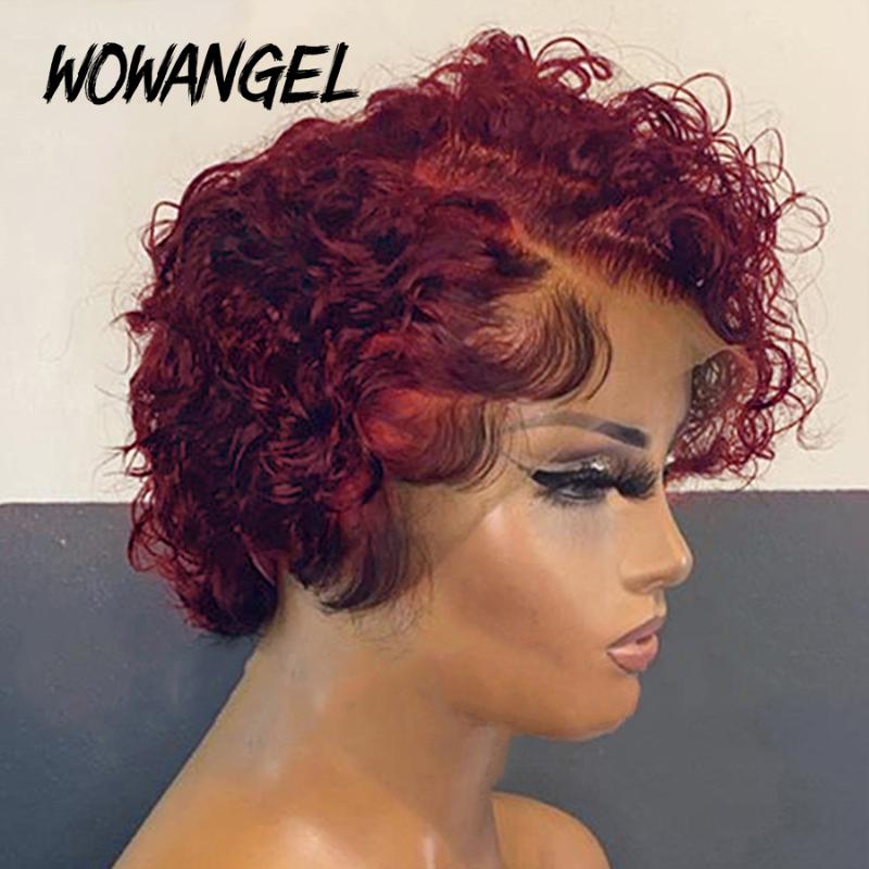 

Honey Blonde 99J Burgundy Colored Short Curly Pixie Cut Lace Wig Pre plucked Ombre Bob Closure Curly Lace Front Human Hair Wig, #99j