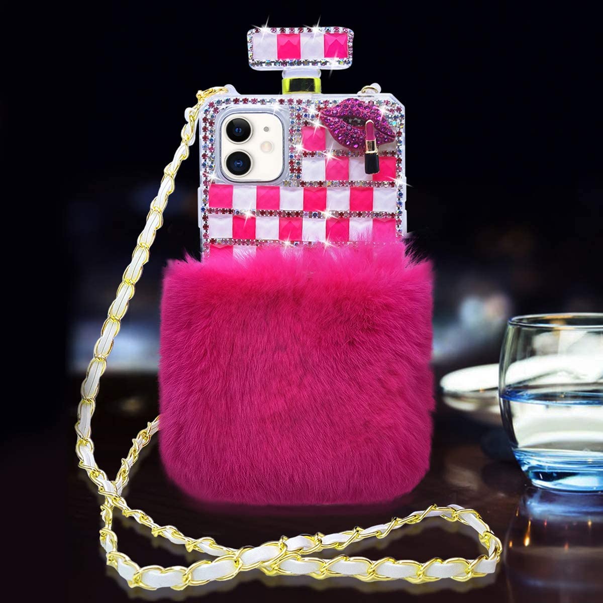 

Bling Diamond Crystal Rhinestone Perfume Bottle Phone Cover with Neck Strap for iphone 6 7 8 Xr Xs Max 11 12 12 Pro Samsung Note 20, Rose red