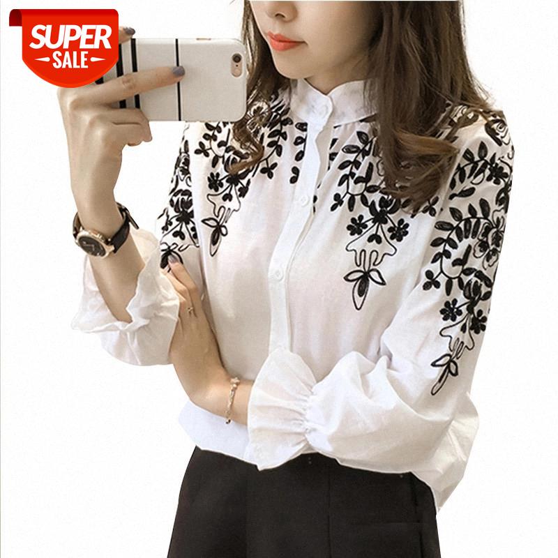 

Fashion Embroidered Long Sleeve Women Blouses O-neck Cotton Button Up Shirt Slim Cardigan Women Tops And Blouses Blusa 529E 25 #q41P, White
