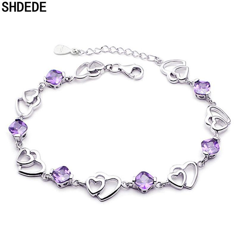 

SHDEDE Purple CZ Crystal Charm Bracelet For Woman Bride Wedding Party Heart Fashion Banquet Jewelry Good Friends Gift -WH01