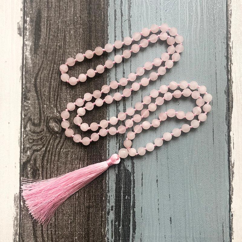 

108 Mala Beads Necklace Women Healing Meditation Matte Rose Quartzs Necklace Pink Beads Knotted Tassel Necklaces For Ladies