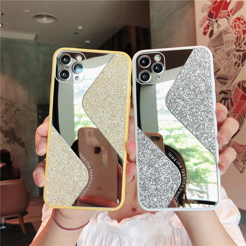 

S Style Mirror Glitter Phone Cases Bling Makeup Back Cover Protector for iPhone 12 11 Pro Max X XR Xs Max 6S 6 7 8 Plus, White