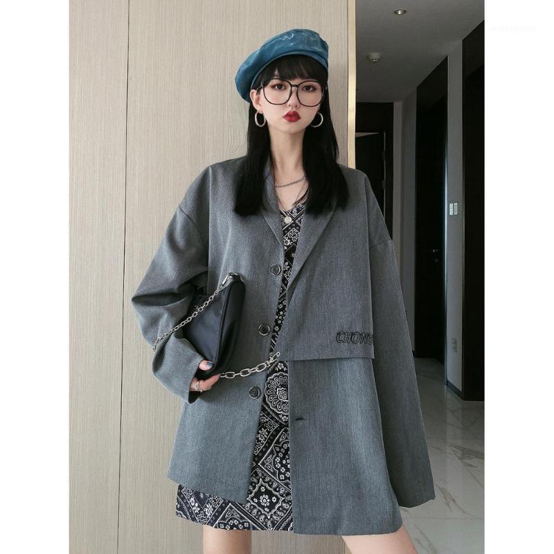 

Handsome men's and women's men's and women's large size suits autumn loose BF stitching chain small design fake two suit coats1, Black