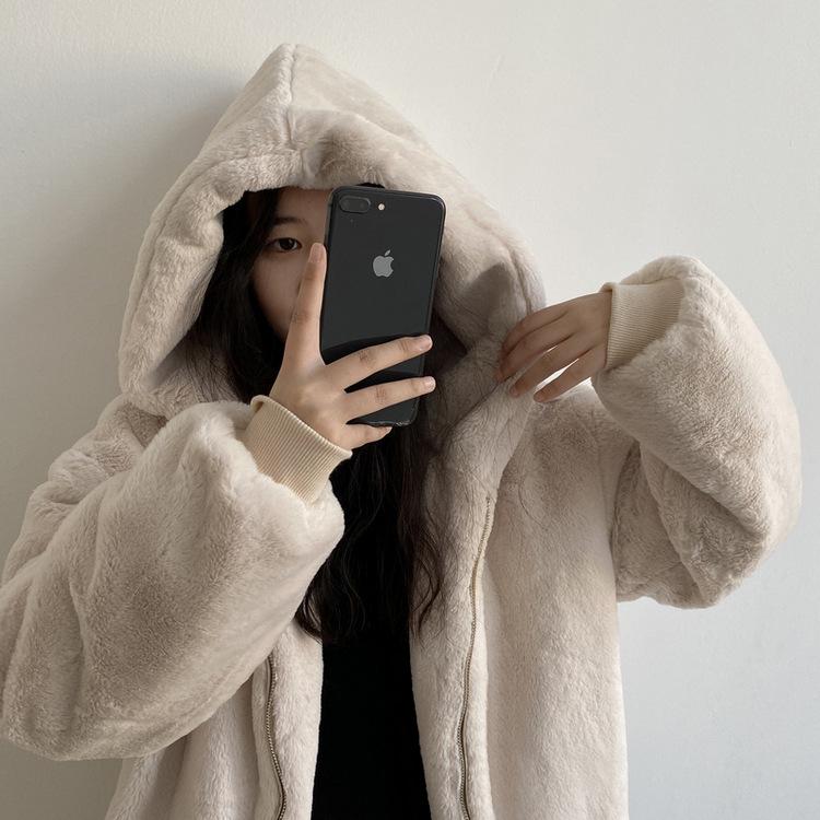 

2021 New Winter New Loose Thick Imitation Fur Mid-Length Hooded Coat Women, White