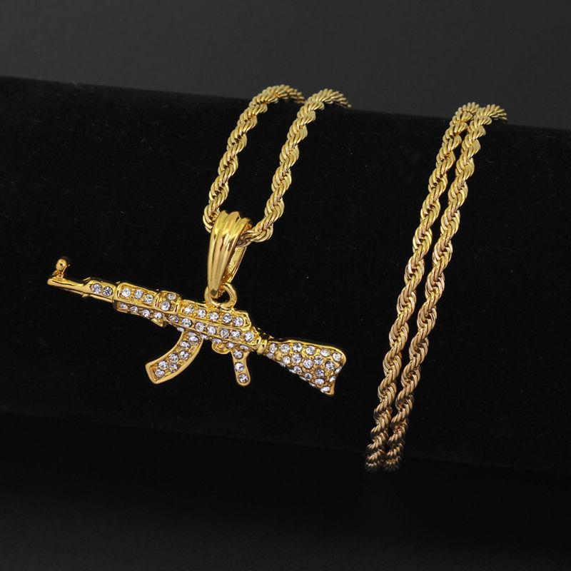 

Bling bling revolving pistol submachine gun hip hop gold silver crystal pendant necklace,iced out Cuban chain jewelry