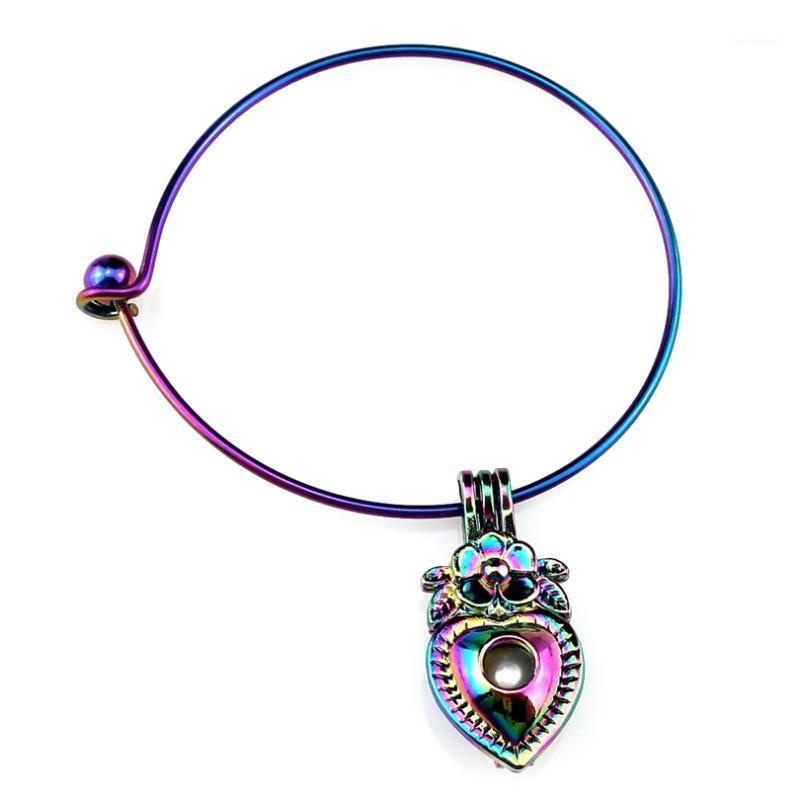 

B-C879 Rainbow Heart Flower Beads Cage Locket Wrist Girl Women Expandable Wire Steel Bracelet Bangle1