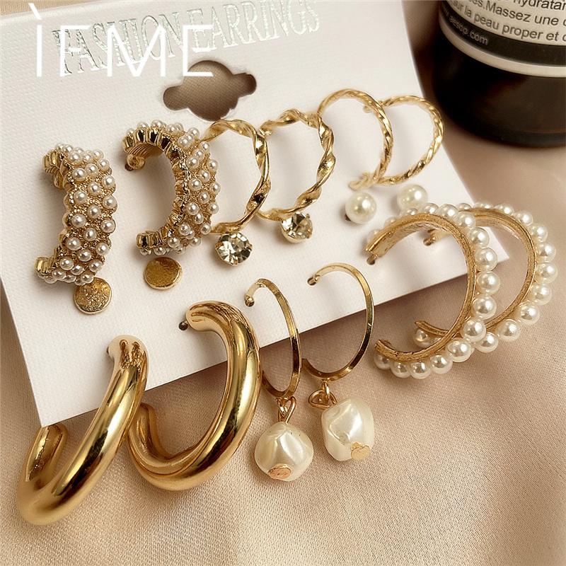 

Hoop & Huggie IF ME Vintage Gold Earrings Set For Women Girl Pearl Circle Earring Big Piercing Brinco Fashion Jewelry 2021 Gifts
