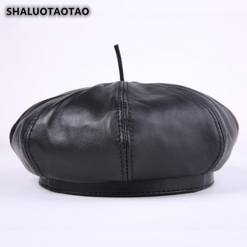 

SHALUOTAOTAO Women's Trend Genuine Leather Hat Winter Fashion Thermal Sheepskin Cortex Berets New Lady Brands Leisure Sports Cap1, Black