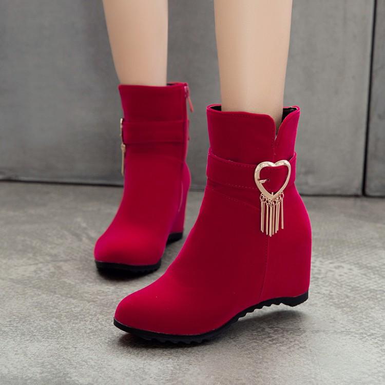 

PXELENA 2020 Autumn Women Ankle Boots Hidden Wedge High Heels Flock Heart Shaped Decor Chain Fashion Shoes Lady Plus Size 34-43, Blue