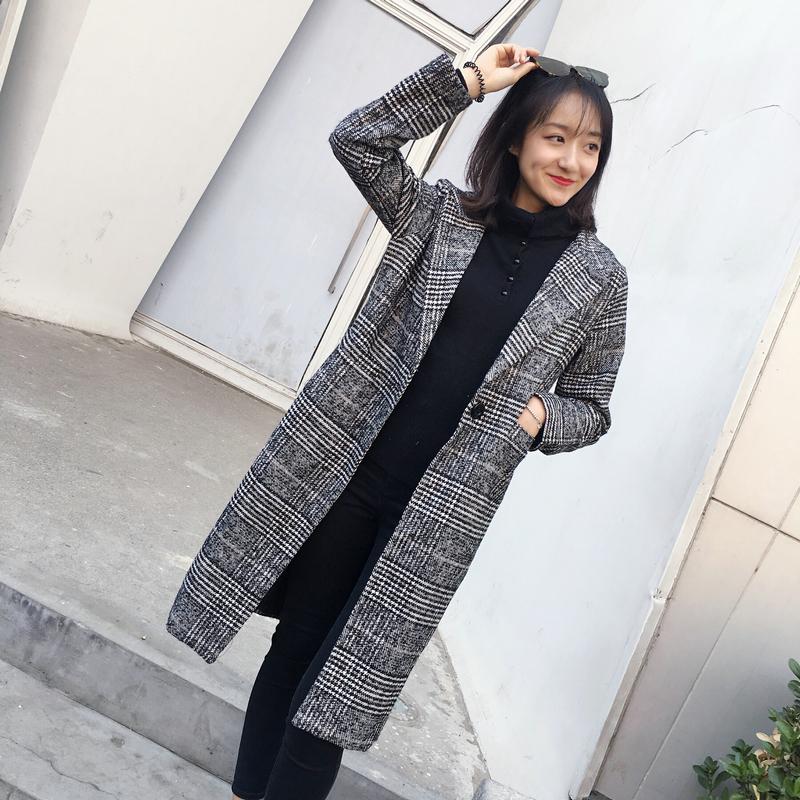 

Spring Autumn Women' Wool Plaid Coat New Fashion Long Wool Coat Slim Type Female Winter Woolen Jackets Female Outwear, Grey