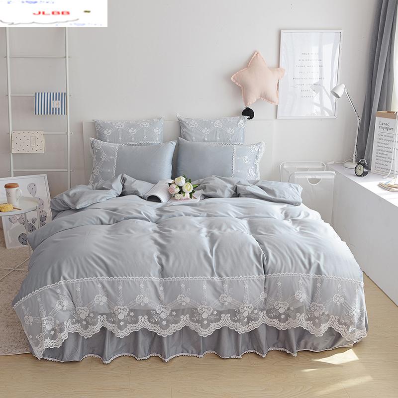 

100%Cotton Bedding Set Duvet Cover Set European style lace Home textiles gray pillowcase 4pcs Queen King bed Size bed skirt sets, Style2