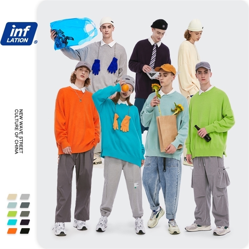 

INFLATION Men Sweater In Multi Color FW Warm O-neck Autumn Knitted Sweater For Couple Oversized Hip Hop Sweater Men 1880W 201105, Grey blue