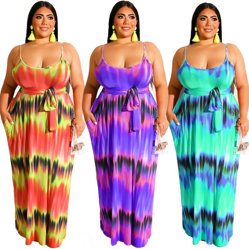 

Summer Plus Size Women Dress with Belt and Pockets Sleeveless V-neck Sexy Sling Dress Floor Length Polyester Printed Fabric, Blue