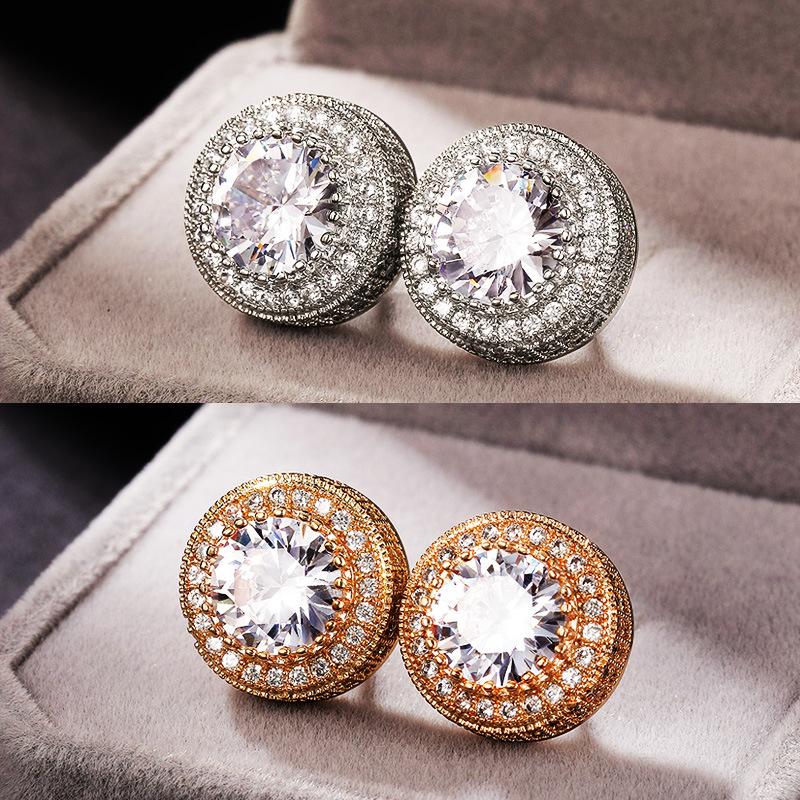 

USTAR Round Zircon Crystals Stud Earrings for women Gold color Fashion Jewelry wedding Earring female brincos gift
