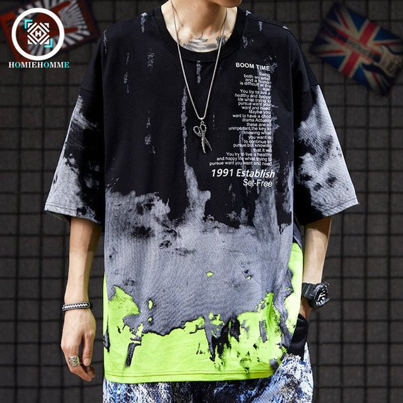 

Men's Guochao High Street Oversize Hiphop Hiphop Short-sleeved Men's Summer 2021 Tide Brand Loose Ink Tie-dye T-shirt(The Logistic, White;black