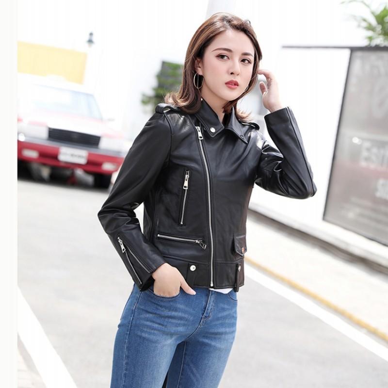 

Spring Genuine Women 2020 Fashion Real Sheepskin Motorcycle Biker Jacket Female Plus Size Sheep Leather Coat, Black