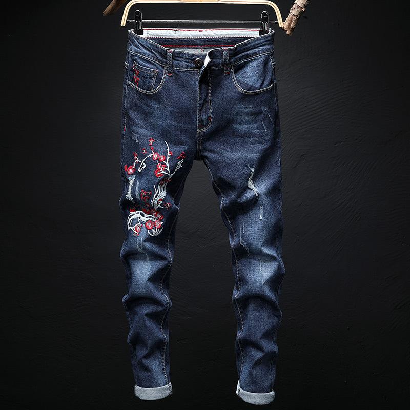 

of the new European and American style small straight stretch jeans embroidery of cultivate morality pants 6908 roses, See chart
