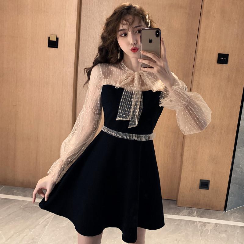 

2020 New Autumn Women one-piece dress korean Bow Lantern Sleeve Lace Flat Out God Fan A Word Dresses Black 8556