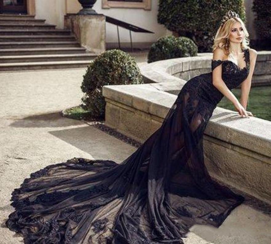 

Black Sexy Mermaid Wedding Dresses Open Back Lace Applique Bride Vestidos De Novia Off Shoulder Long Sweep Trumpet Formal Gowns, Same as image