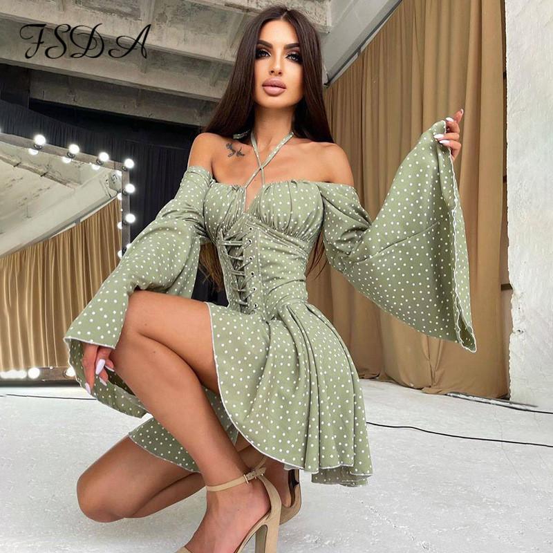 

Casual Dresses FSDA Women 2021 Long Sleeve Green Print Corset Dress Elegant A Line Autumn Mini Bandage Sexy Party, Black;gray